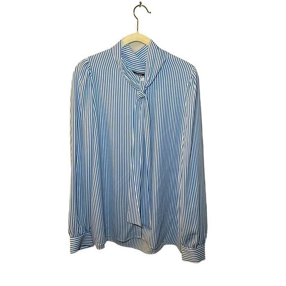 Premise Studio Shirt Women Large Blue Striped 100% Polyester Tie Neck Button-Up - Picture 1 of 5